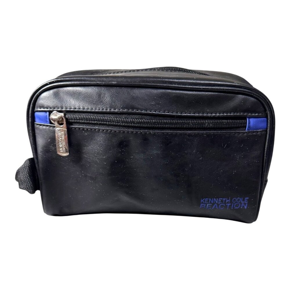 Empty Kenneth Cole Reaction Black Travel Toiletry Bag Shave Hygeine Blue Accents